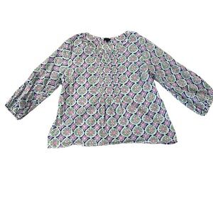 Talbots White and Pink Puff Sleeve Blouse with Mandarin Collar